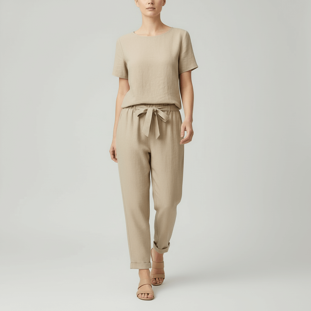 Lizzy | Lin ensemble avec blouse à manches courtes et pantalon ample 0