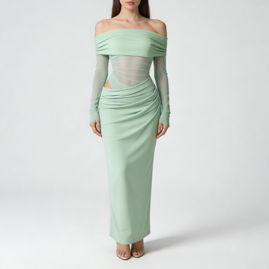 Rizile | Robe maxi à épaules dénudées et manches longues