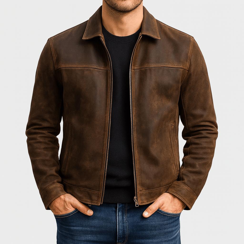 Adolfo | Chaqueta de cuero de hombre con cremallera - Marrón