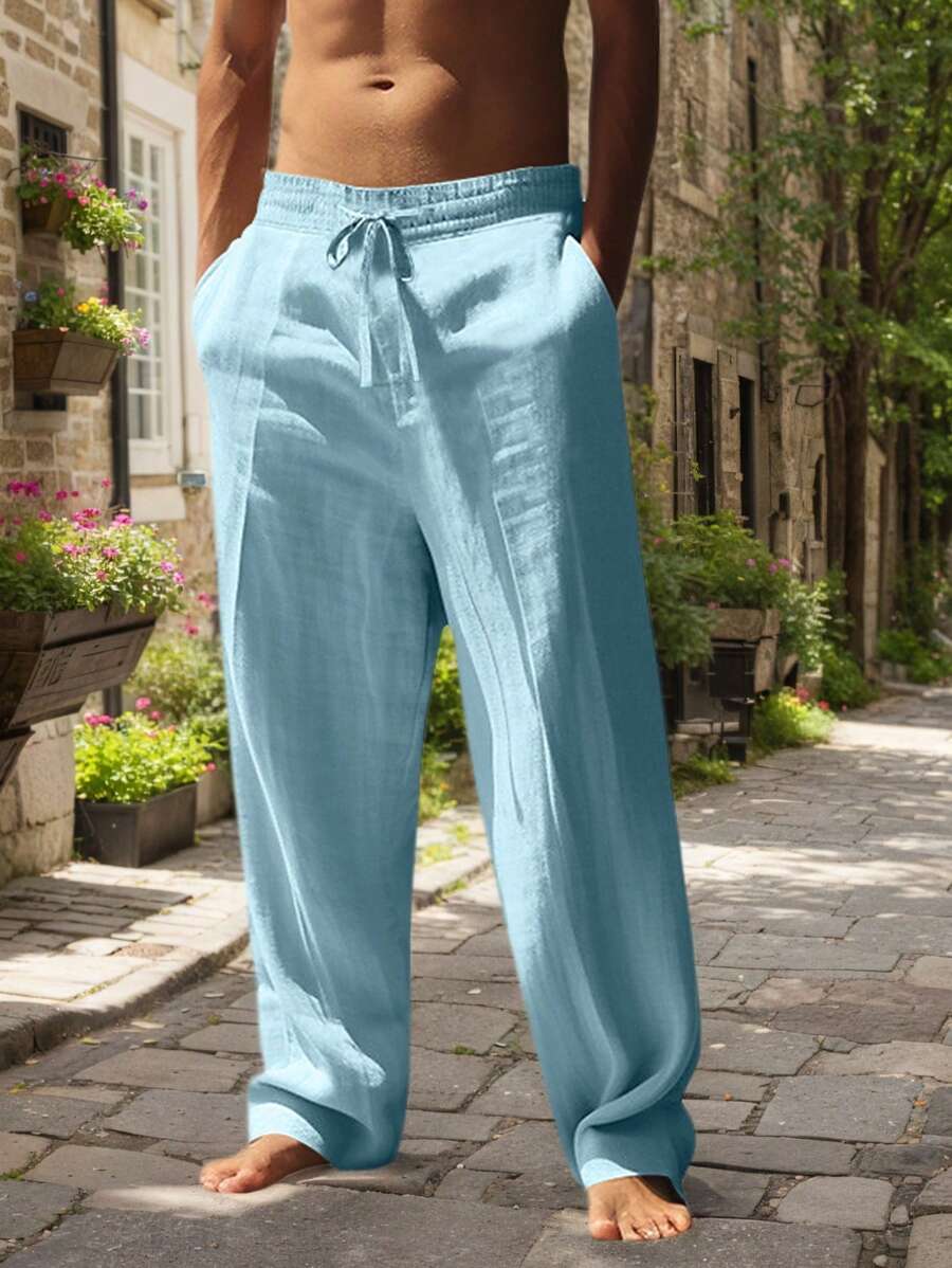 Adrián | Pantalón de lino de hombre con cordón - Azul bebé