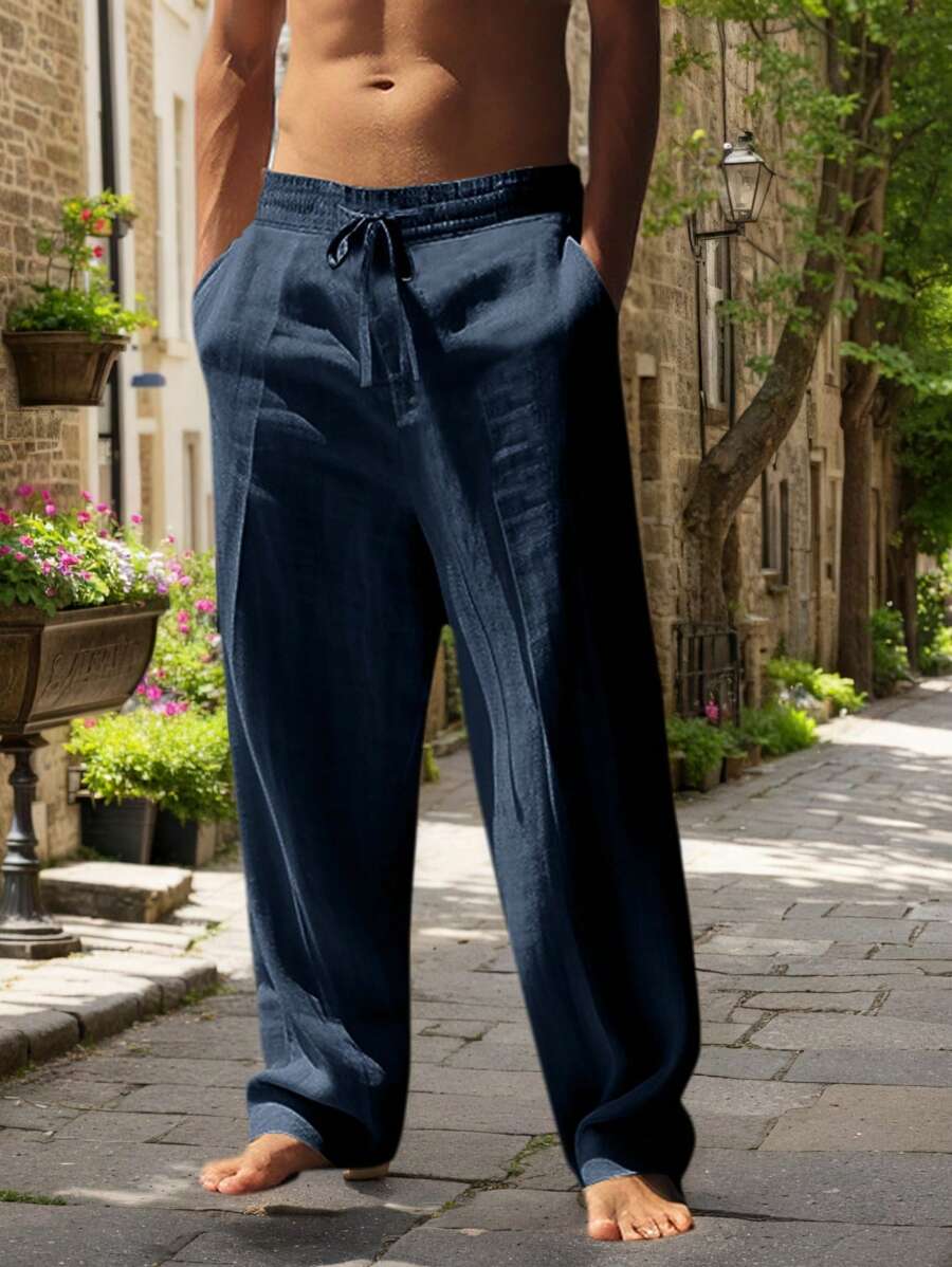 Adrián | Pantalón de lino de hombre con cordón - Azul oscuro