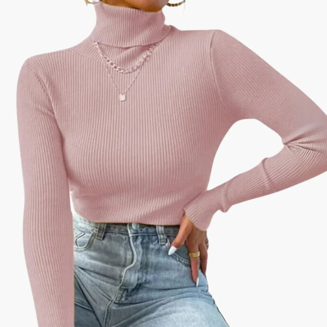 Amaia | Jersey de cuello alto de mujer de canalé - Rosa