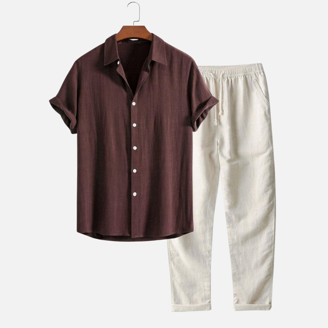Aurelio | Conjunto de lino de hombre, camisa y pantalón - Marrón