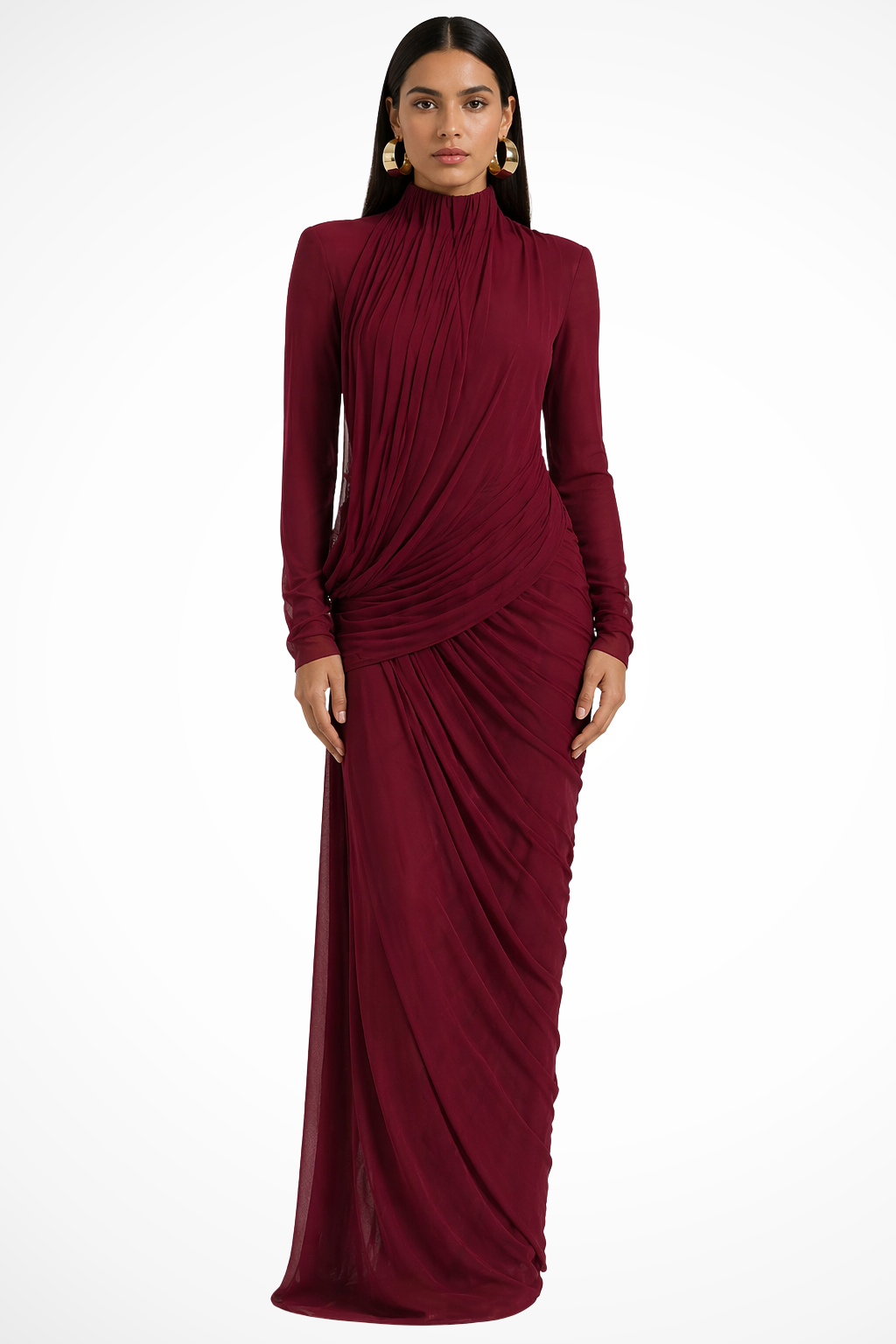 Carmen | Vestido largo drapeado de mujer con manga larga - Borgoña