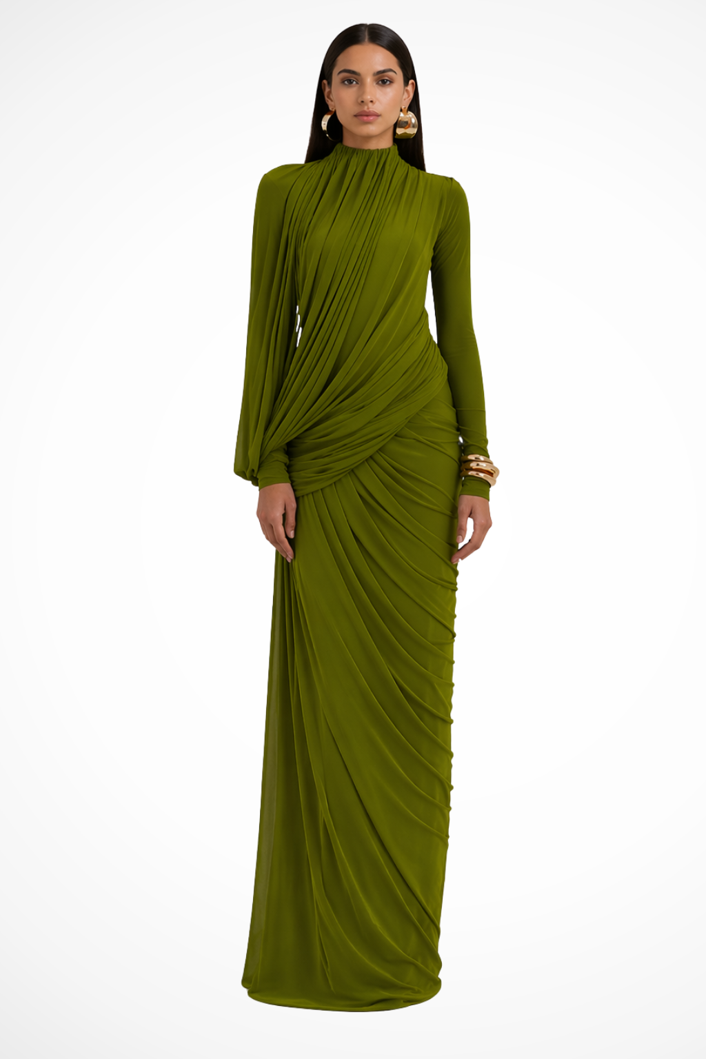 Carmen | Vestido largo drapeado de mujer con manga larga - Verde