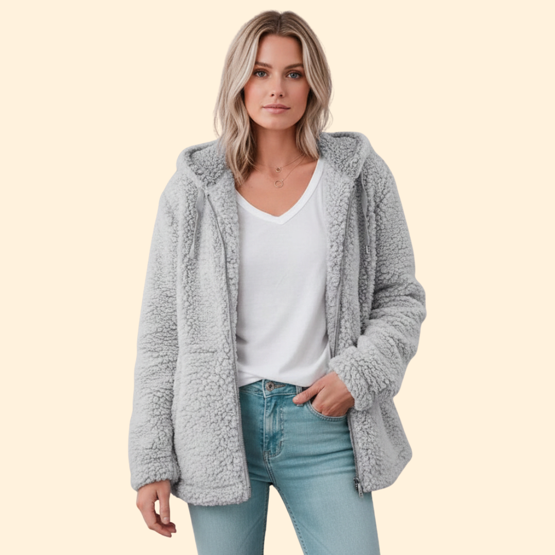 Catalina | Chaqueta de borreguito con capucha para mujer - Gris claro
