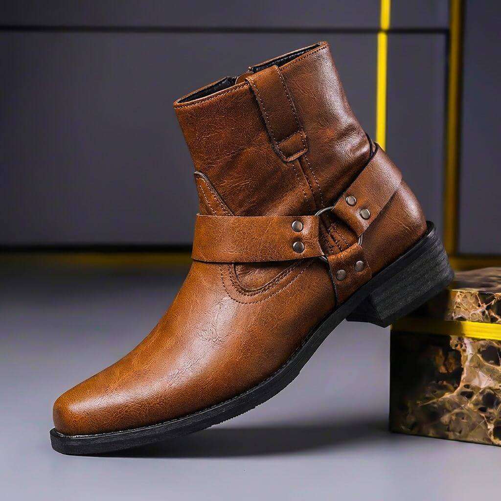 Ceferino | Botines biker de cuero de hombre - Coñac