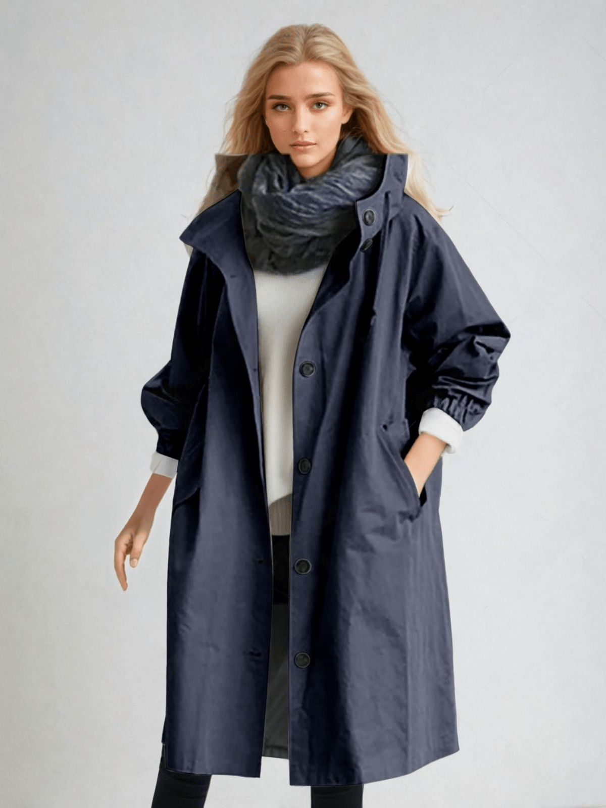 Dolores | Gabardina de mujer con capucha, oversize - Azul marino