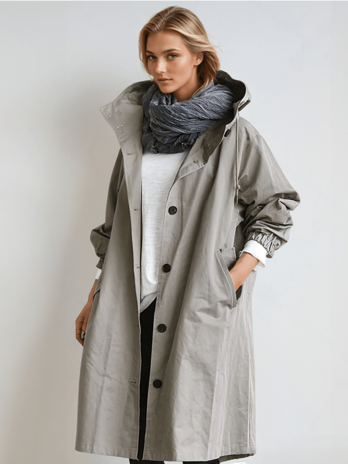 Dolores | Gabardina de mujer con capucha, oversize - Gris