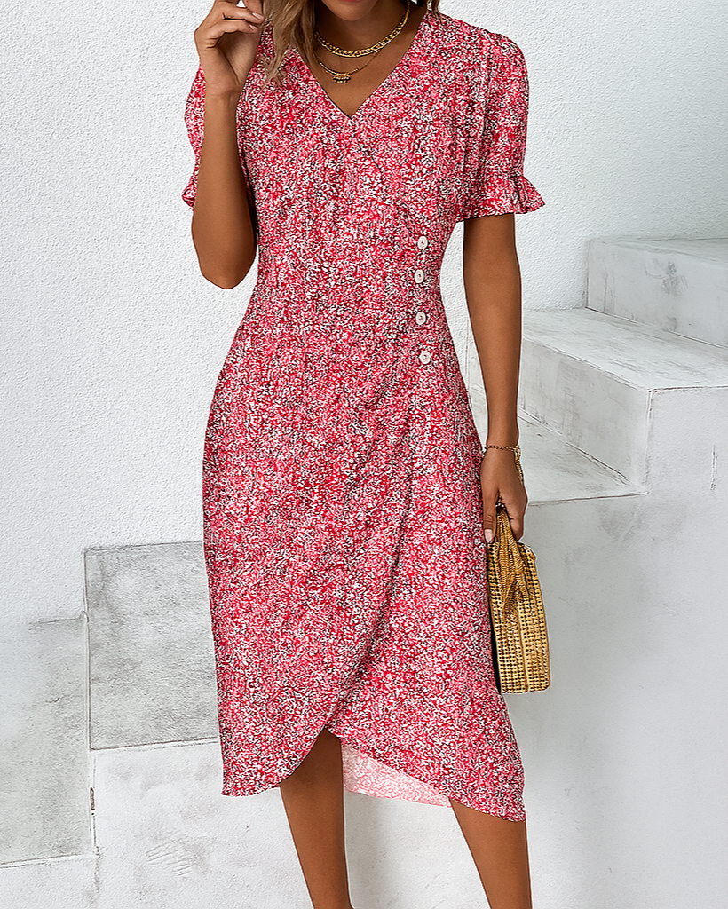 Esther | Vestido midi de flores de mujer - Rojo