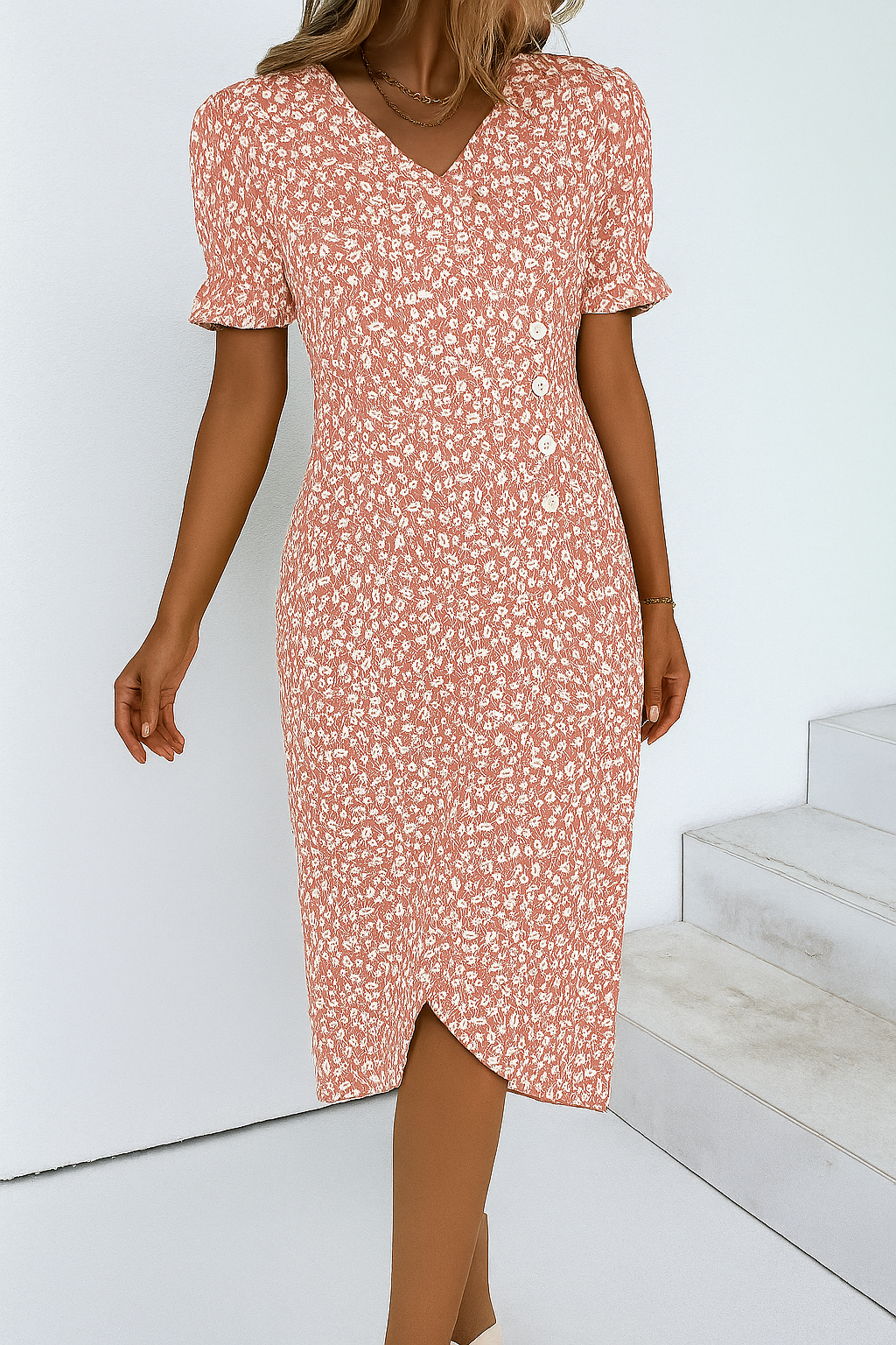 Esther | Vestido midi de flores de mujer - Rosa