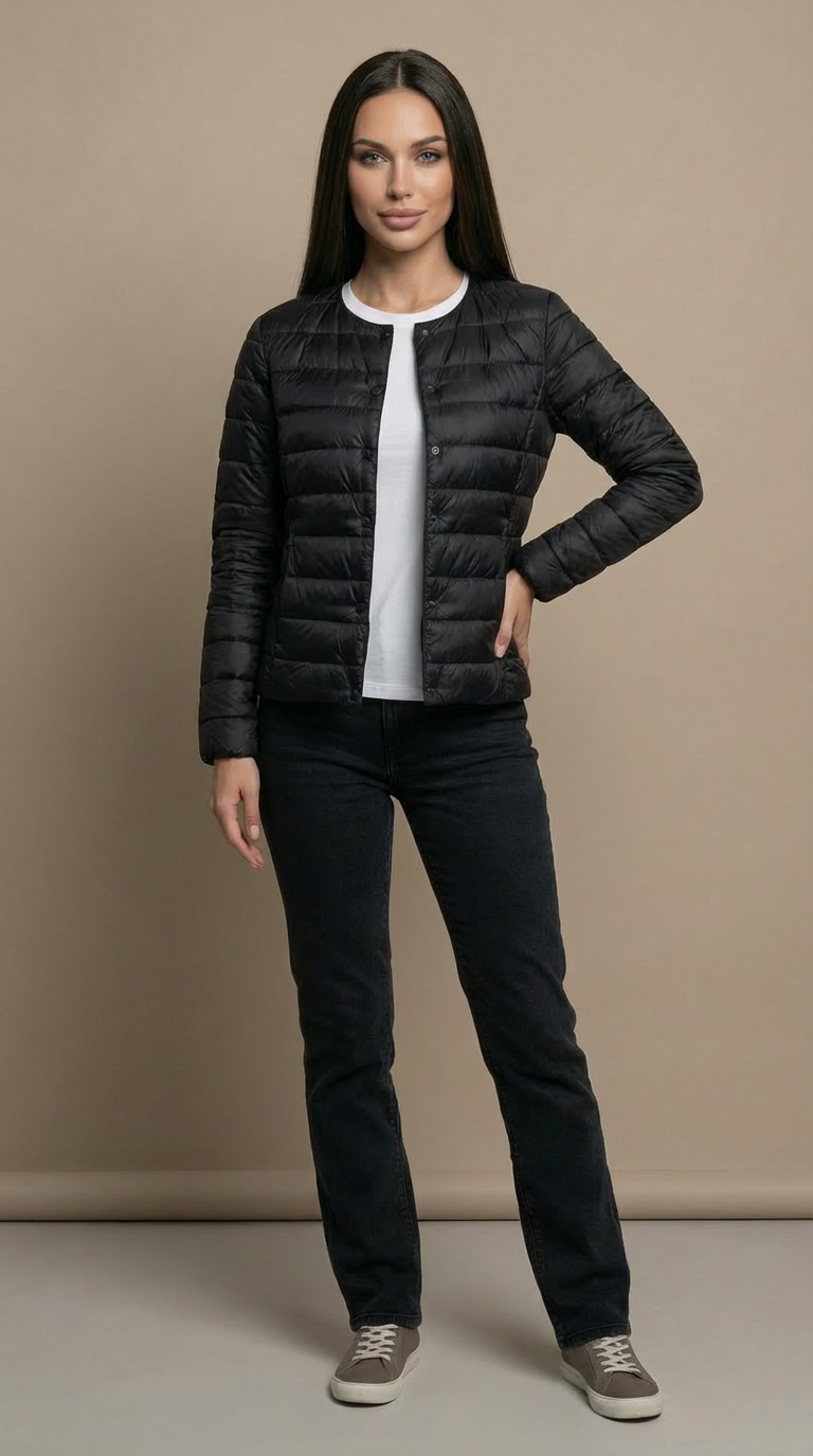 Laura | Chaqueta acolchada ligera de mujer sin cuello - Negro
