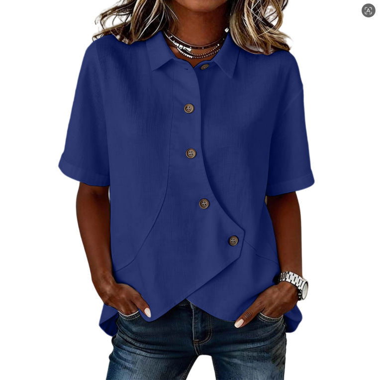 Leire | Camisa asimétrica de mujer con botones y manga corta - Azul