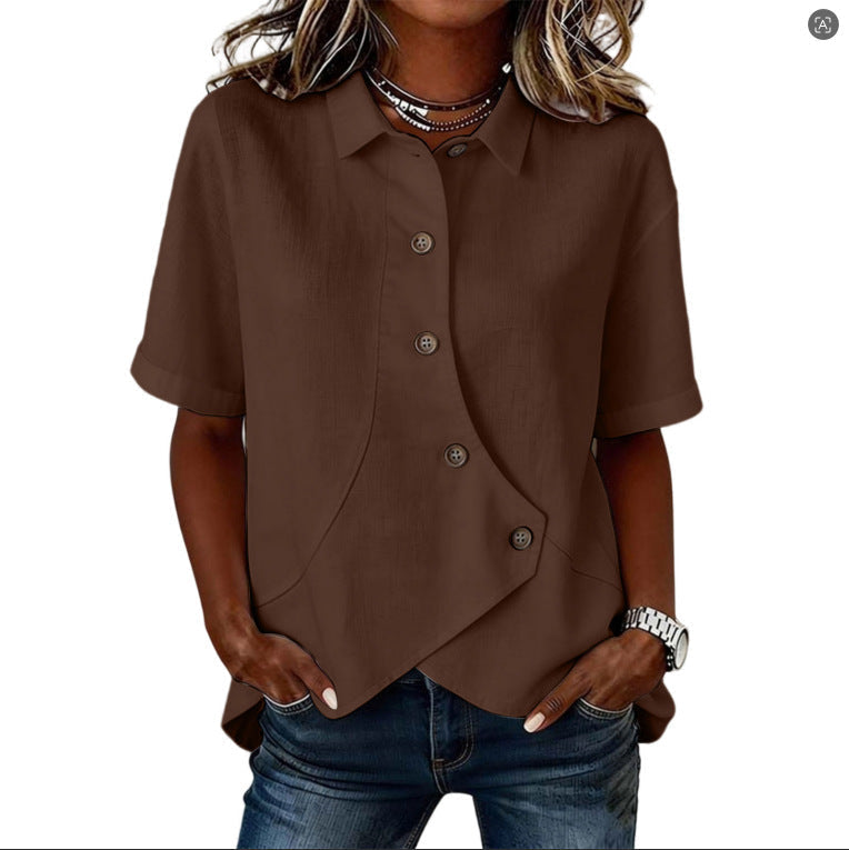 Leire | Camisa asimétrica de mujer con botones y manga corta - Marrón oscuro