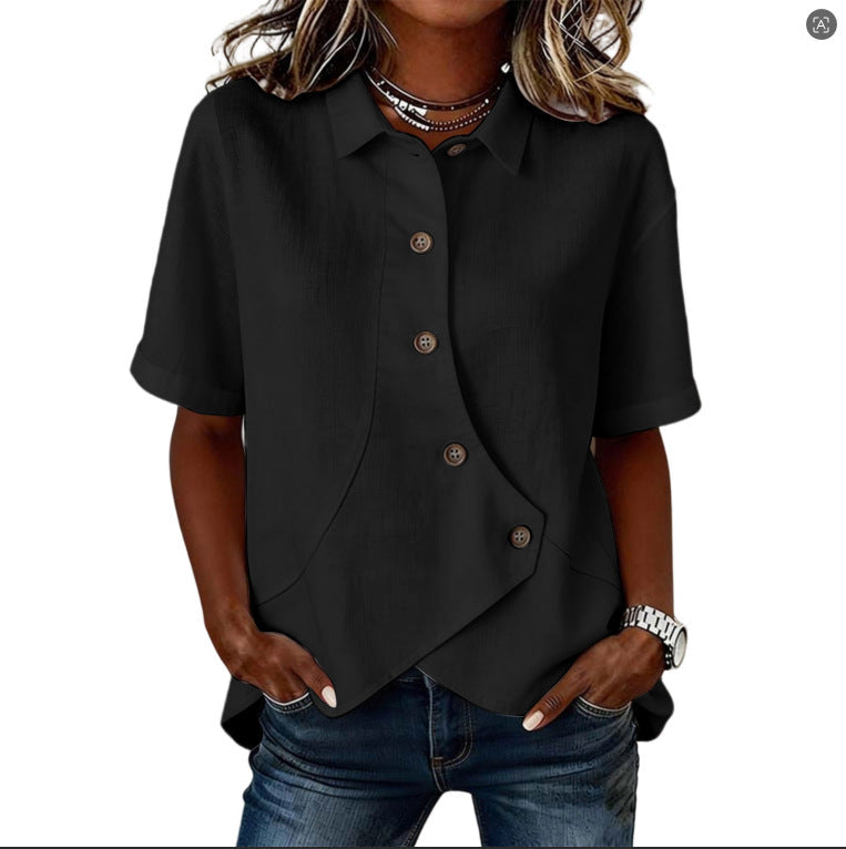 Leire | Camisa asimétrica de mujer con botones y manga corta - Negro