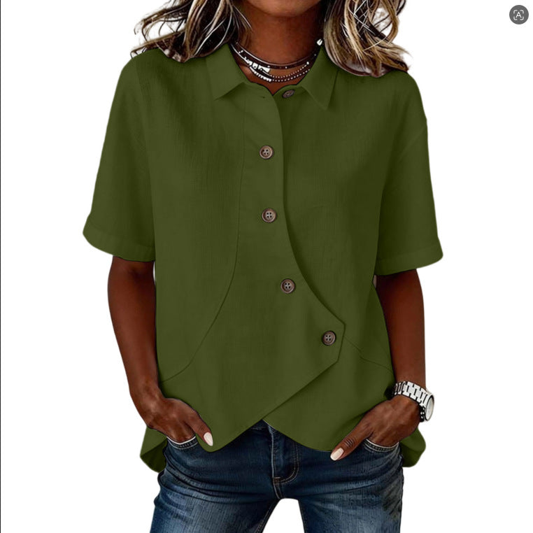 Leire | Camisa asimétrica de mujer con botones y manga corta - Verde militar