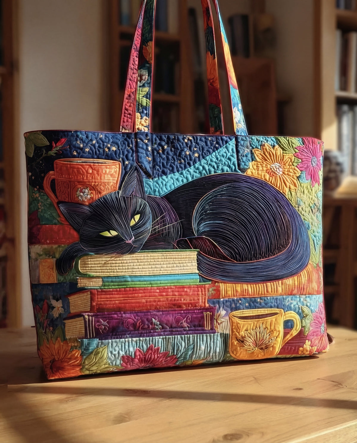 Leonor | Bolso shopper de algodón acolchado con gato - Multicolor