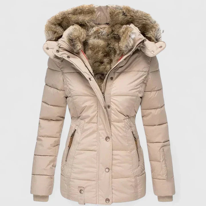 Luisa | Chaqueta acolchada de mujer con capucha y pelo sintético - Beige