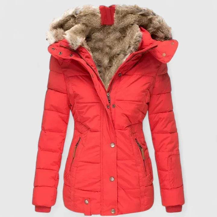 Luisa | Chaqueta acolchada de mujer con capucha y pelo sintético - Rojo