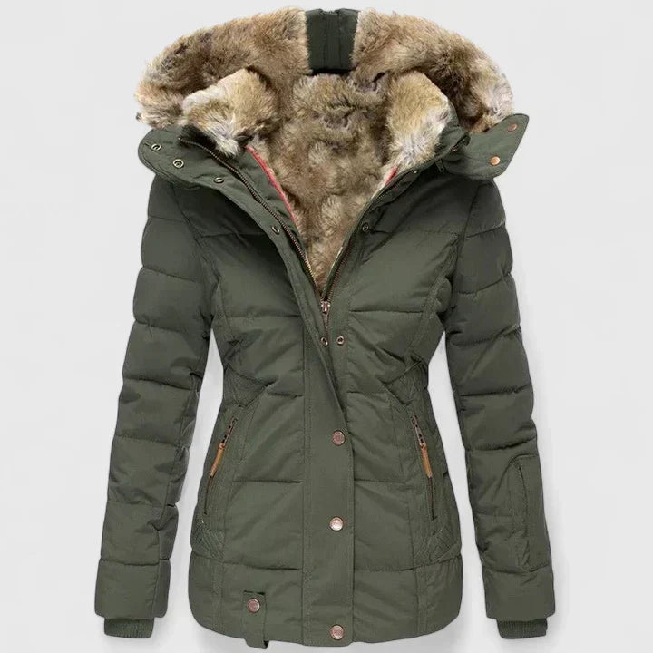 Luisa | Chaqueta acolchada de mujer con capucha y pelo sintético - Verde