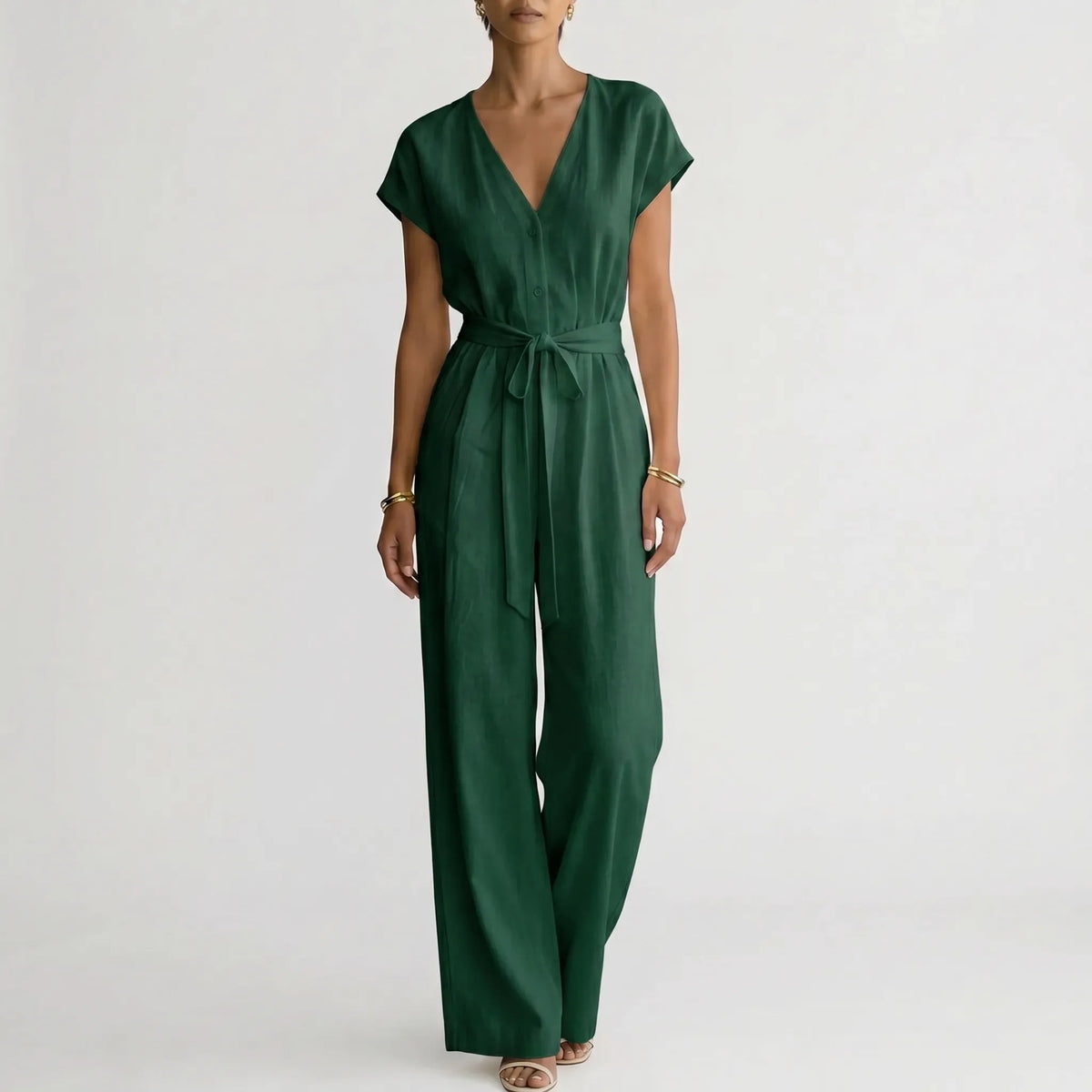 Magdalena | Mono de mujer con escote V y pierna ancha - Verde oscuro