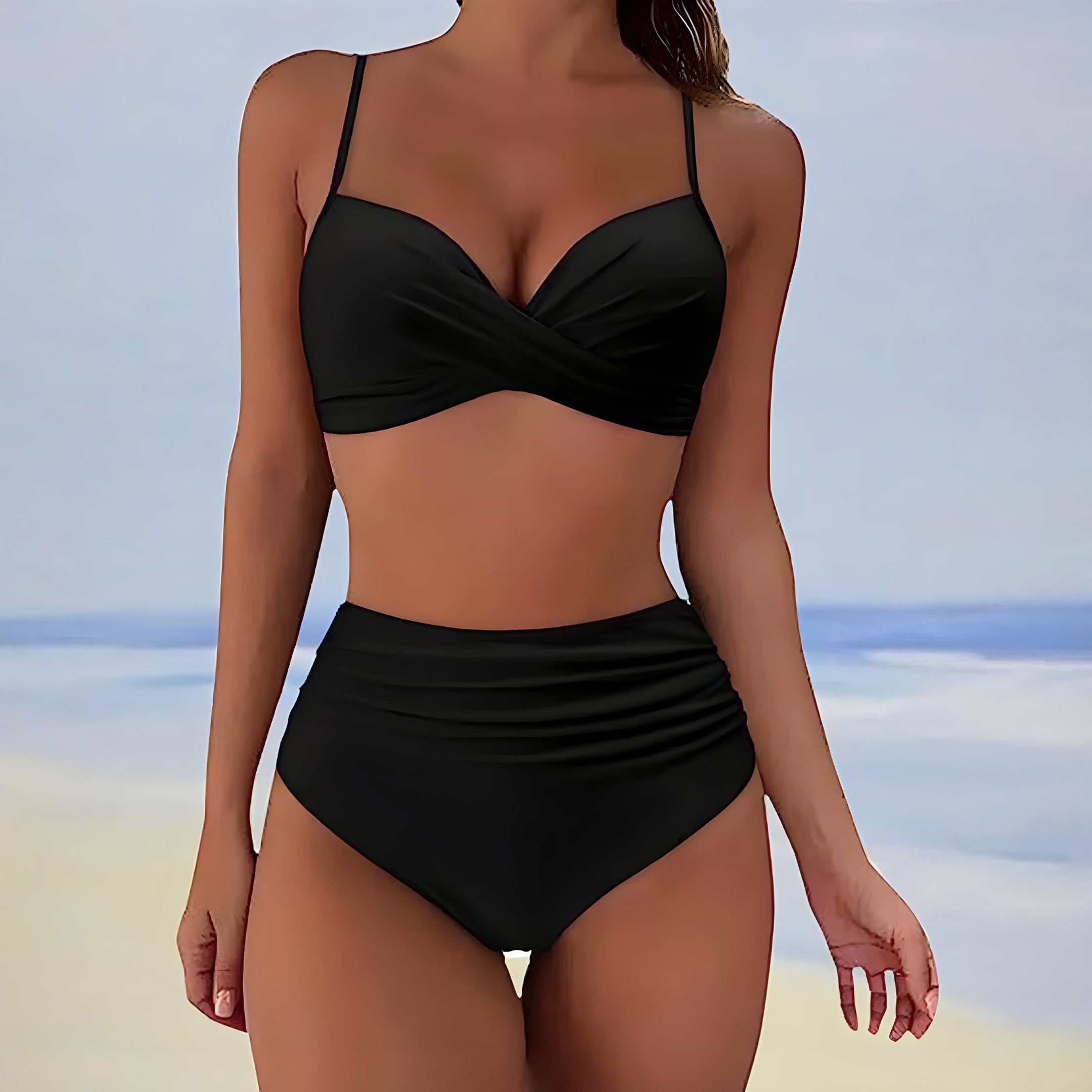 María | Bikini de talle alto push up con top cruzado - Negro