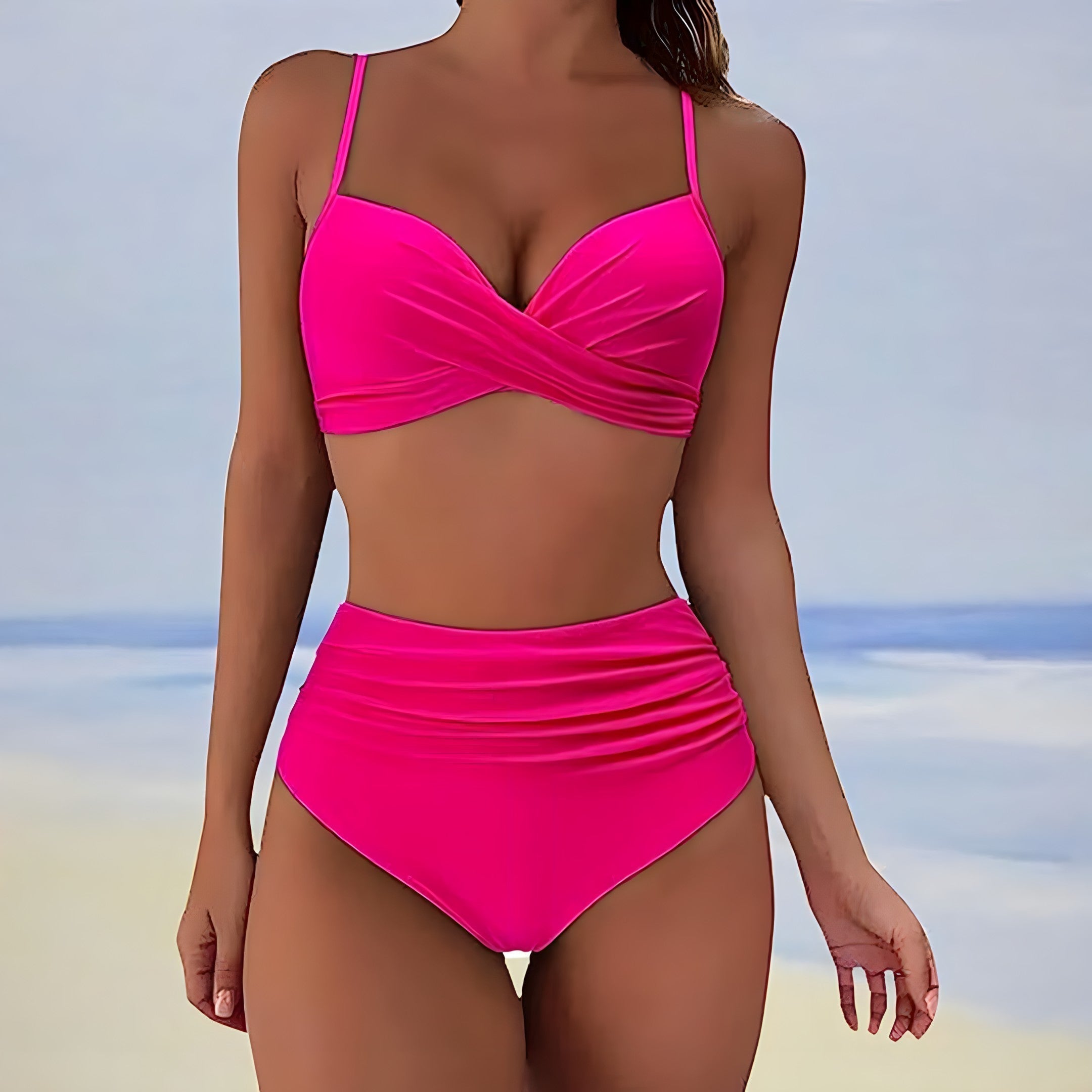 María | Bikini de talle alto push up con top cruzado - Rosa fuerte