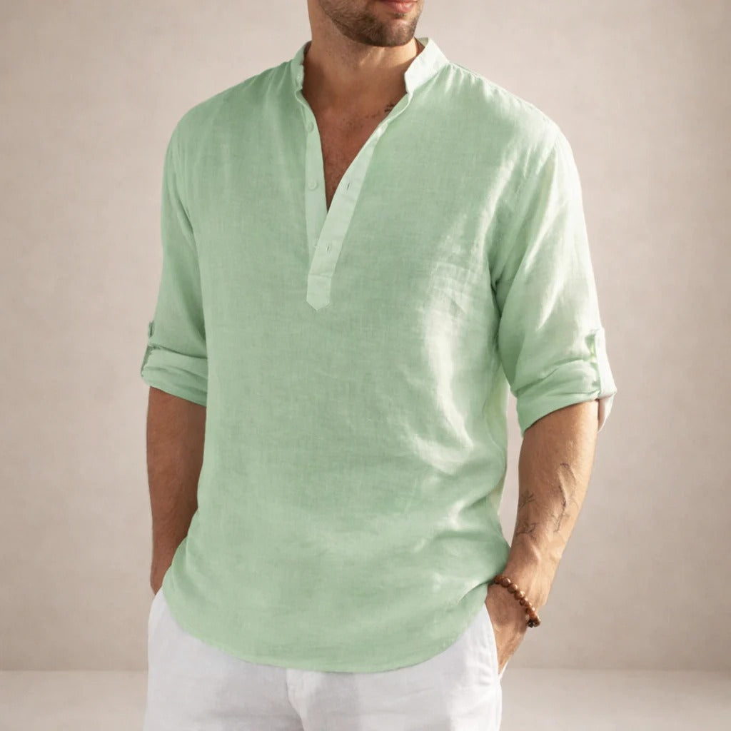 Martín | Camisa de lino de hombre con cuello mao - Verde