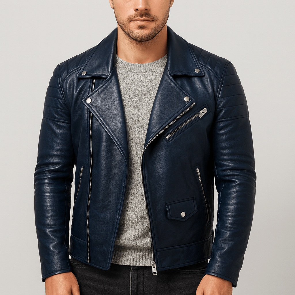 Octavio | Chaqueta de cuero de hombre estilo motero - Azul