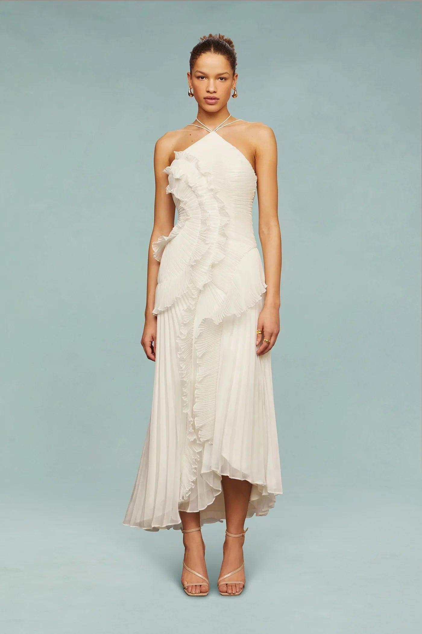 Olga | Vestido largo plisado con volantes - Blanco