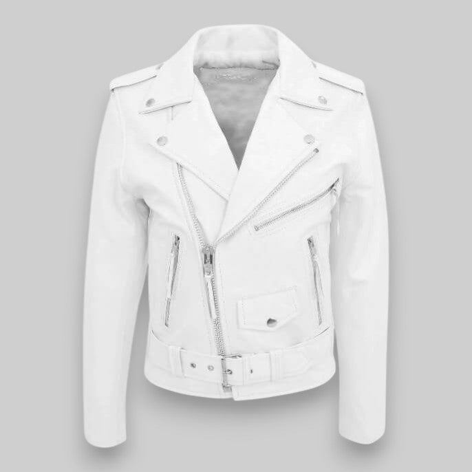 Omar | Chaqueta de cuero de hombre biker con cinturón - Blanco