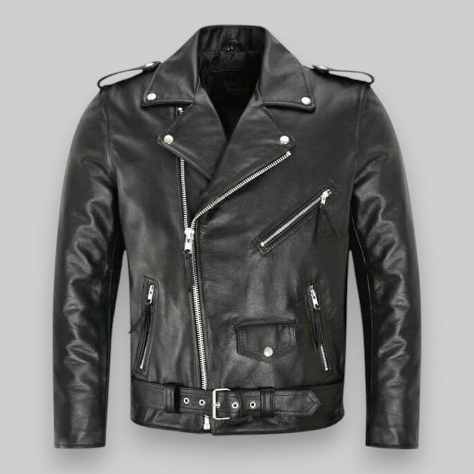 Omar | Chaqueta de cuero de hombre biker con cinturón - Negro