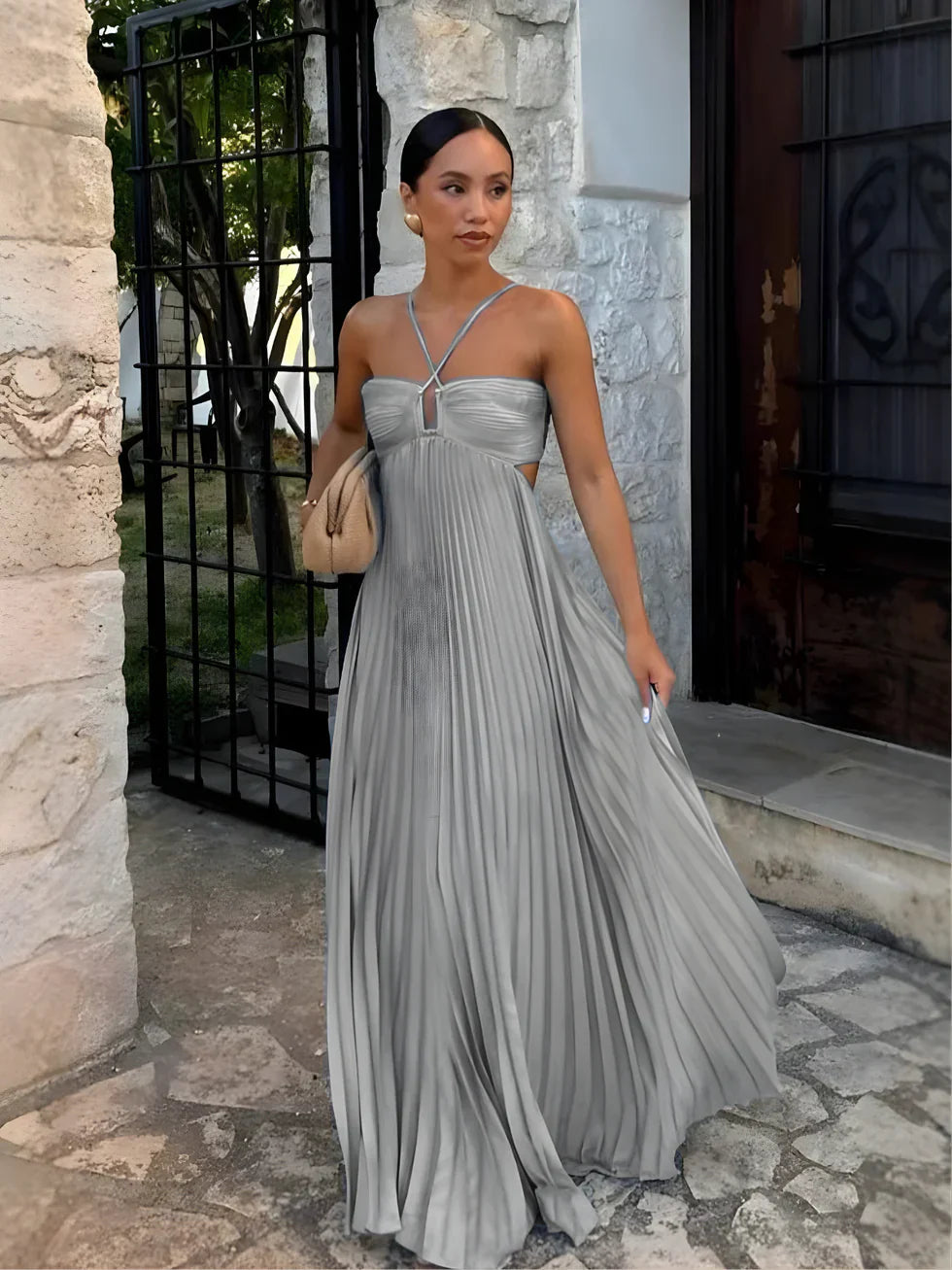 Patricia | Vestido largo plisado de mujer con cuello halter - Gris