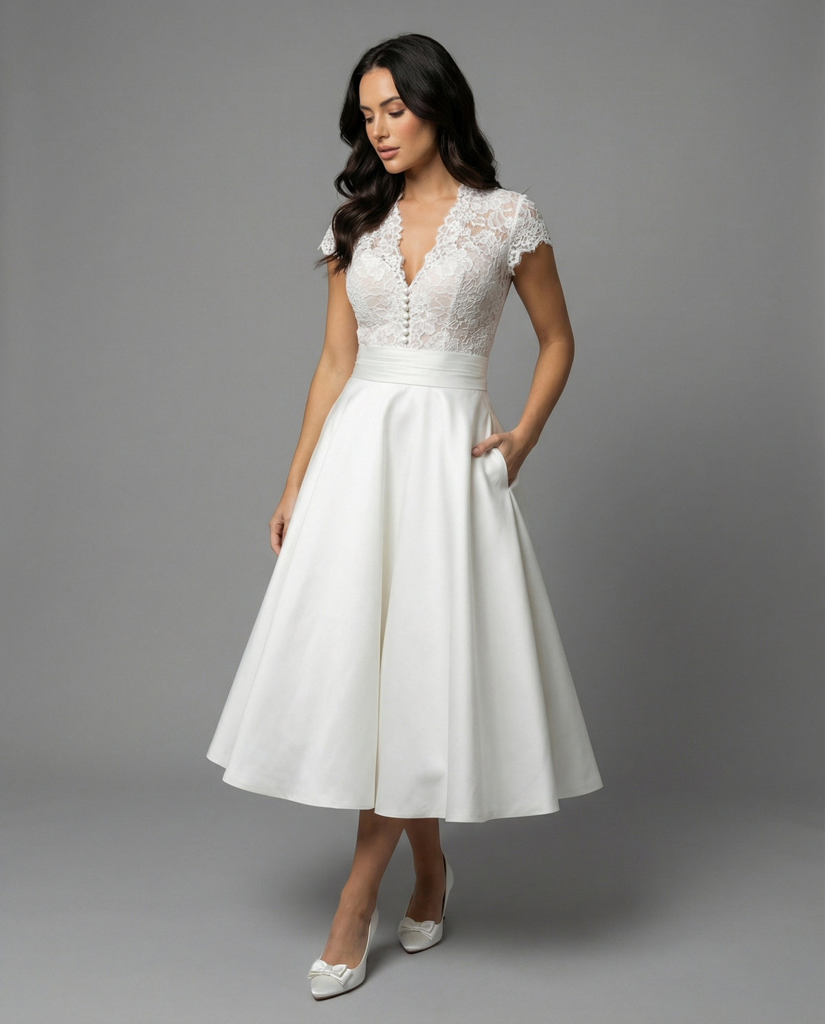 Rosario | Vestido de novia midi de encaje - Blanco