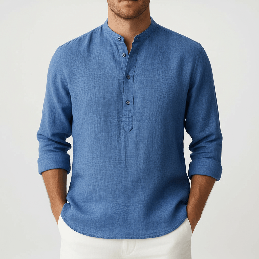 Rubén | Camisa de lino de hombre con cuello mao - Azul claro