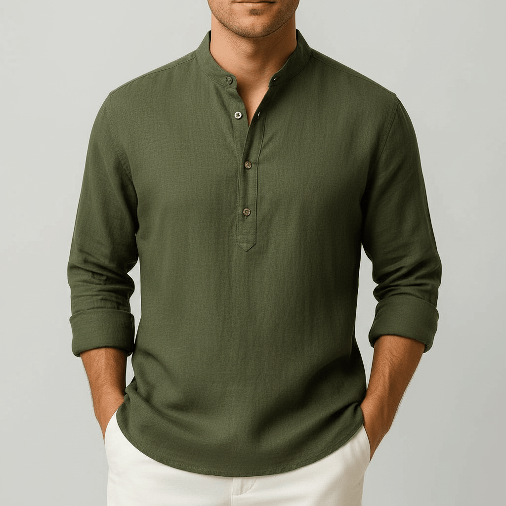Rubén | Camisa de lino de hombre con cuello mao - Verde militar