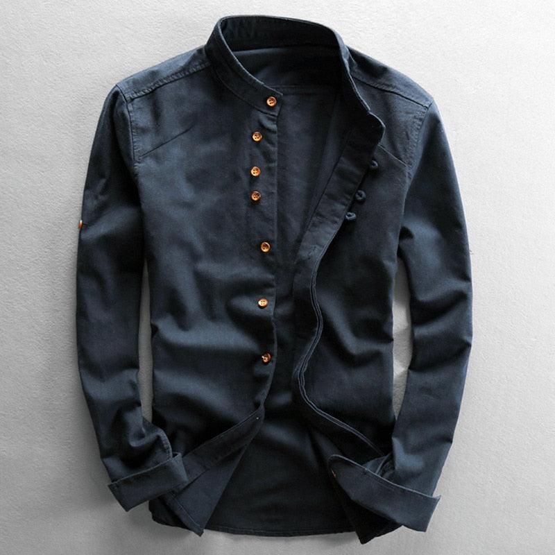 Vicente | Camisa de lino de hombre con cuello mao - Azul marino