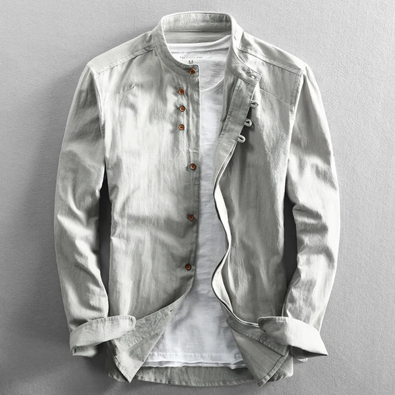 Vicente | Camisa de lino de hombre con cuello mao - Gris claro
