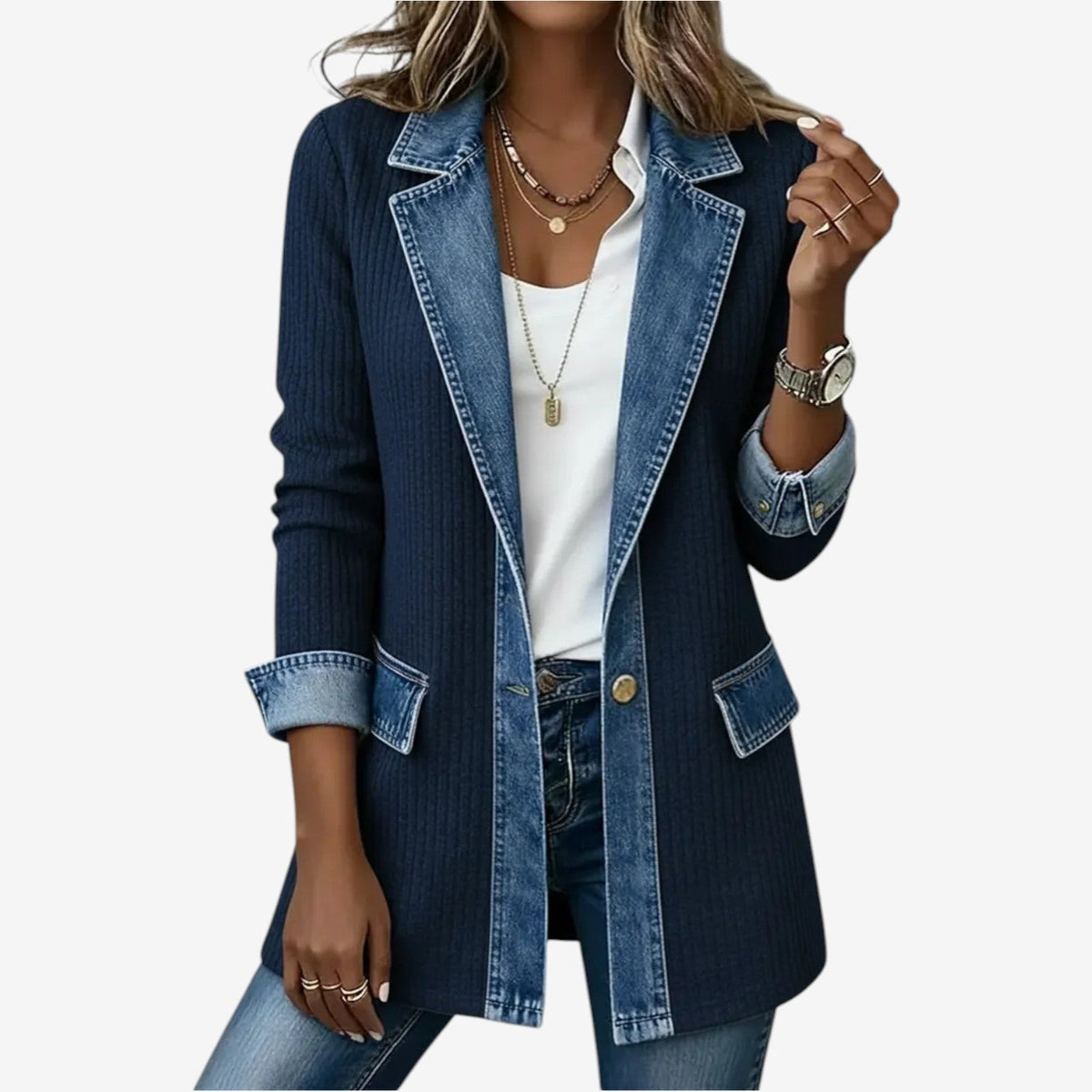 Yolanda | Chaqueta de punto de mujer efecto vaquero - Azul marino