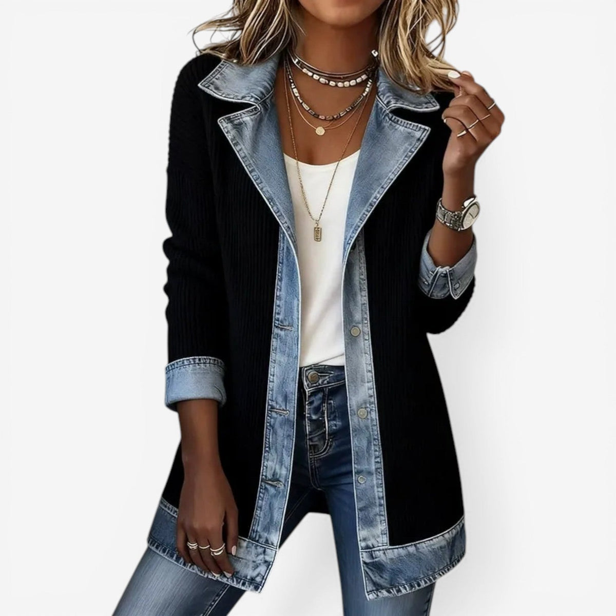 Yolanda | Chaqueta de punto de mujer efecto vaquero - Negro