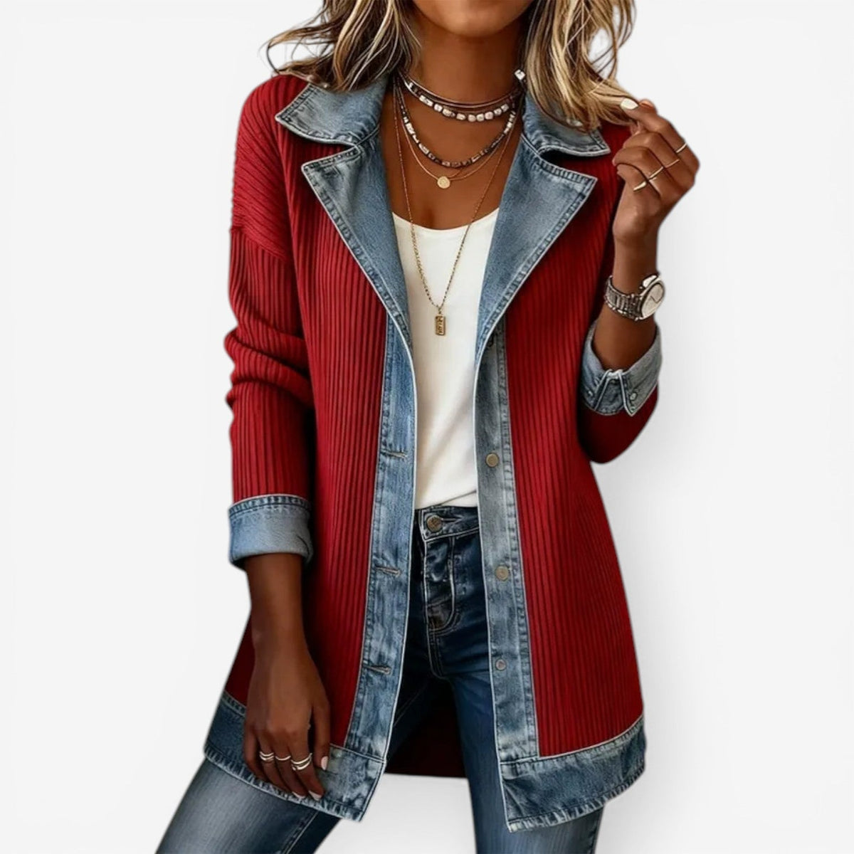 Yolanda | Chaqueta de punto de mujer efecto vaquero - Rojo