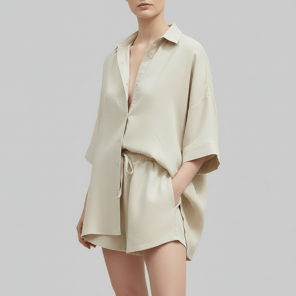 Lizzy | Ensemble d'été en lin avec chemise ample et short élastique 0