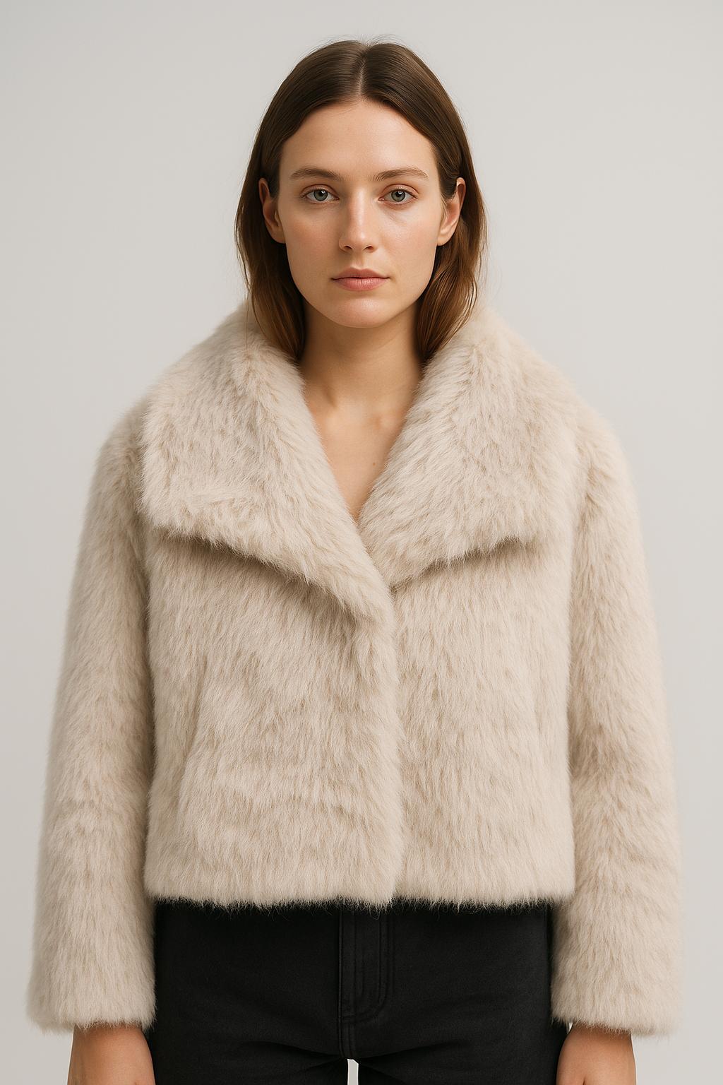 Manteau court en fausse fourrure beige clair pour femme, à col à revers