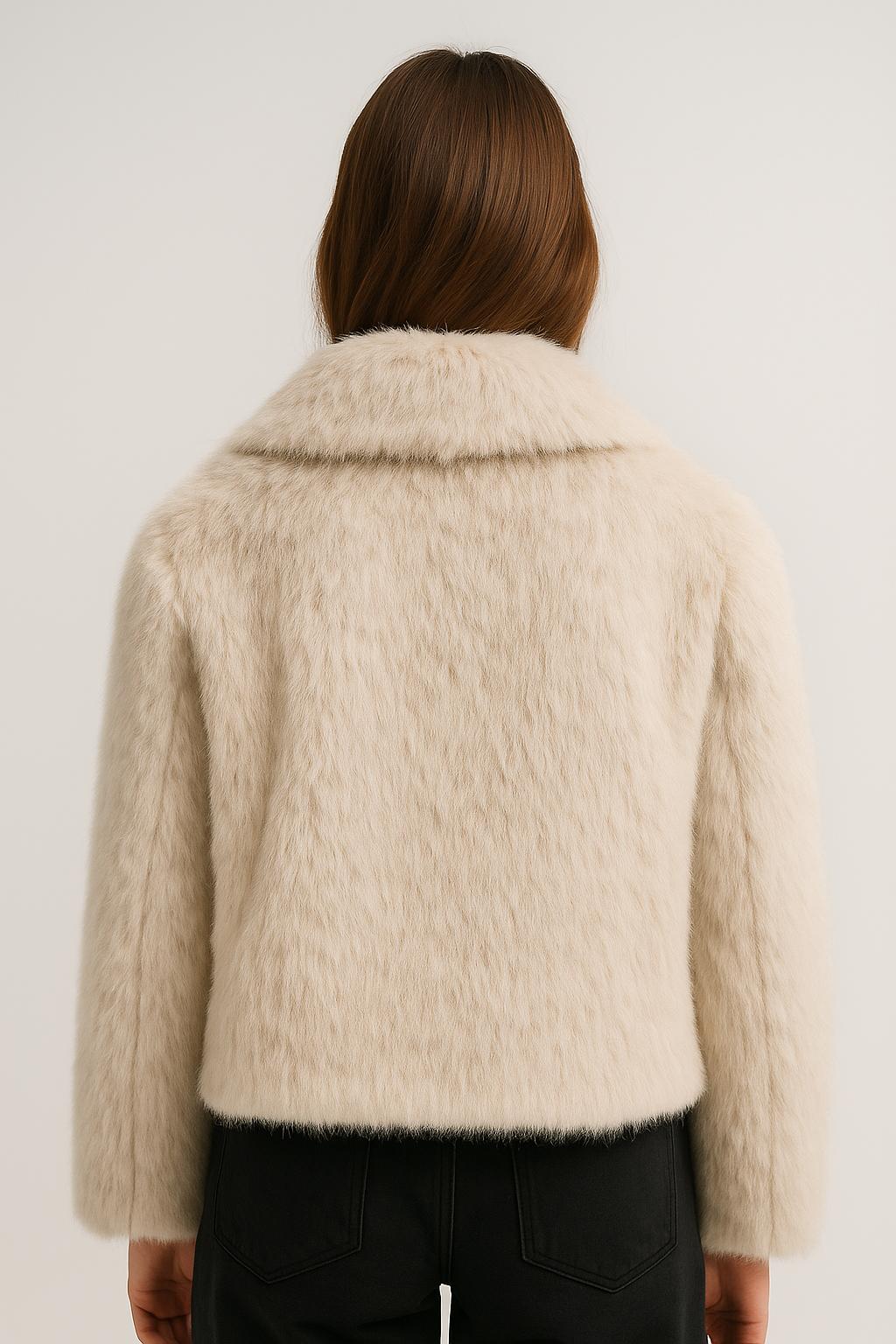 Manteau court en fausse fourrure beige clair pour femme, à col à revers