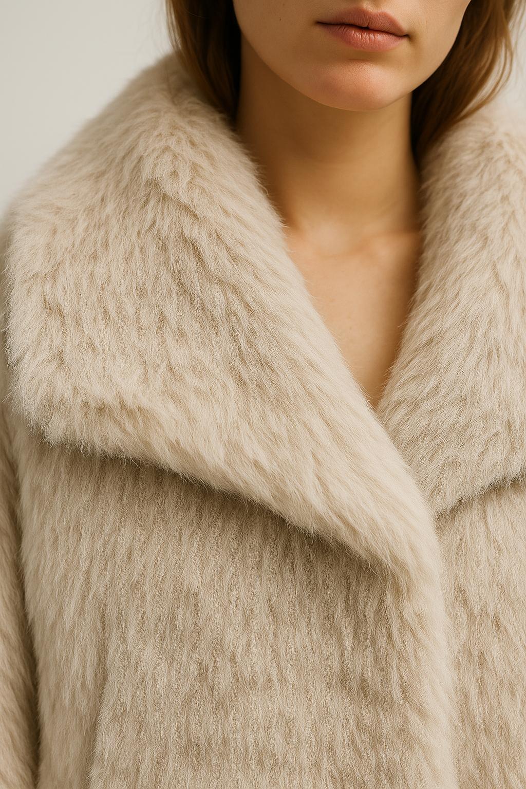 Manteau court en fausse fourrure beige clair pour femme, à col à revers