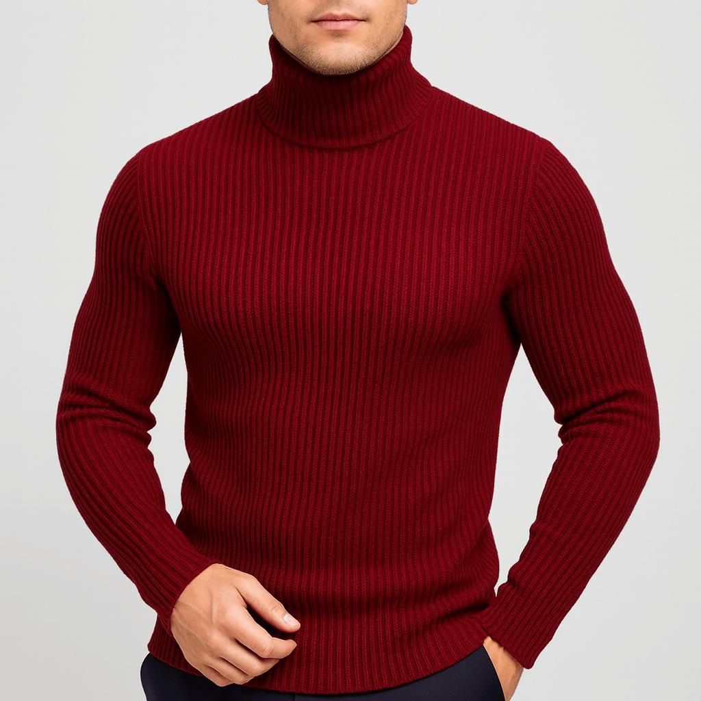 Pull à col roulé pour homme, côtelé, thermique et élastique, de couleur unie