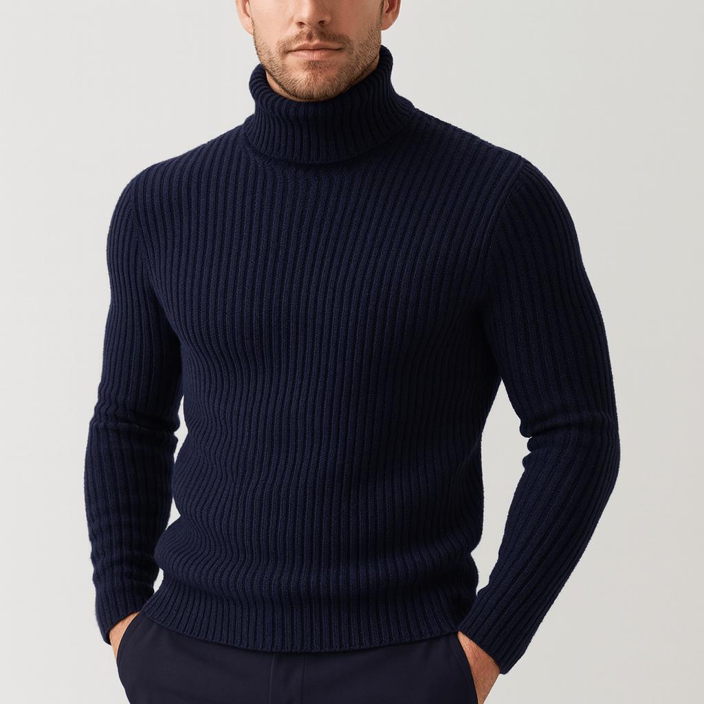 Pull à col roulé pour homme, côtelé, thermique et élastique, de couleur unie