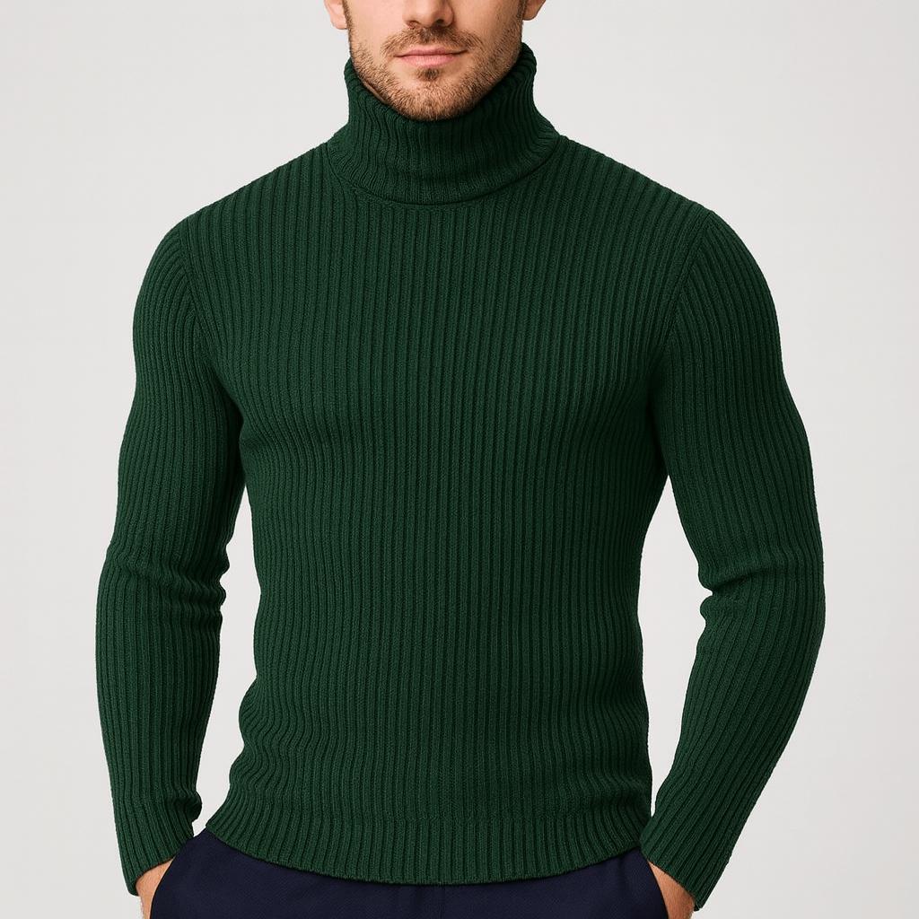 Pull à col roulé pour homme, côtelé, thermique et élastique, de couleur unie