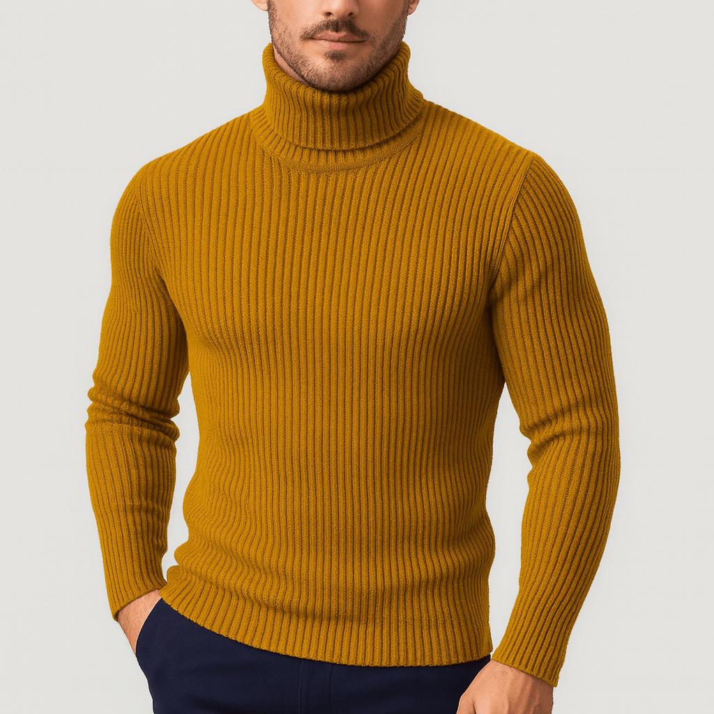Pull à col roulé pour homme, côtelé, thermique et élastique, de couleur unie