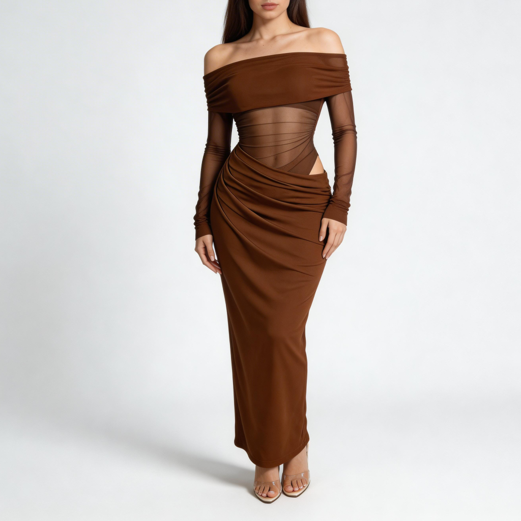 Rizile | Robe maxi à épaules dénudées et manches longues